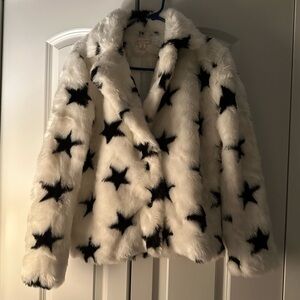 Honey Punch Faux fur cropped jacket with star details